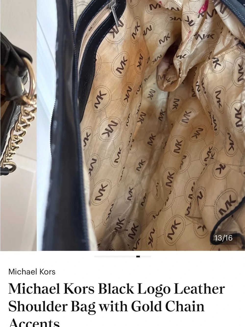 Michael Kors MK Monogram Black Gray Hobo Shoulder Bag Chain Strap